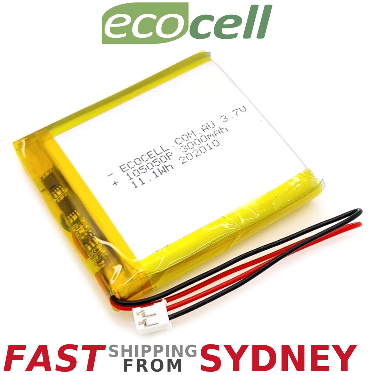 Polymer Lithium Ion Battery LiPo 3000mAh 3.7V 105050 JST Connector, SYDNEY