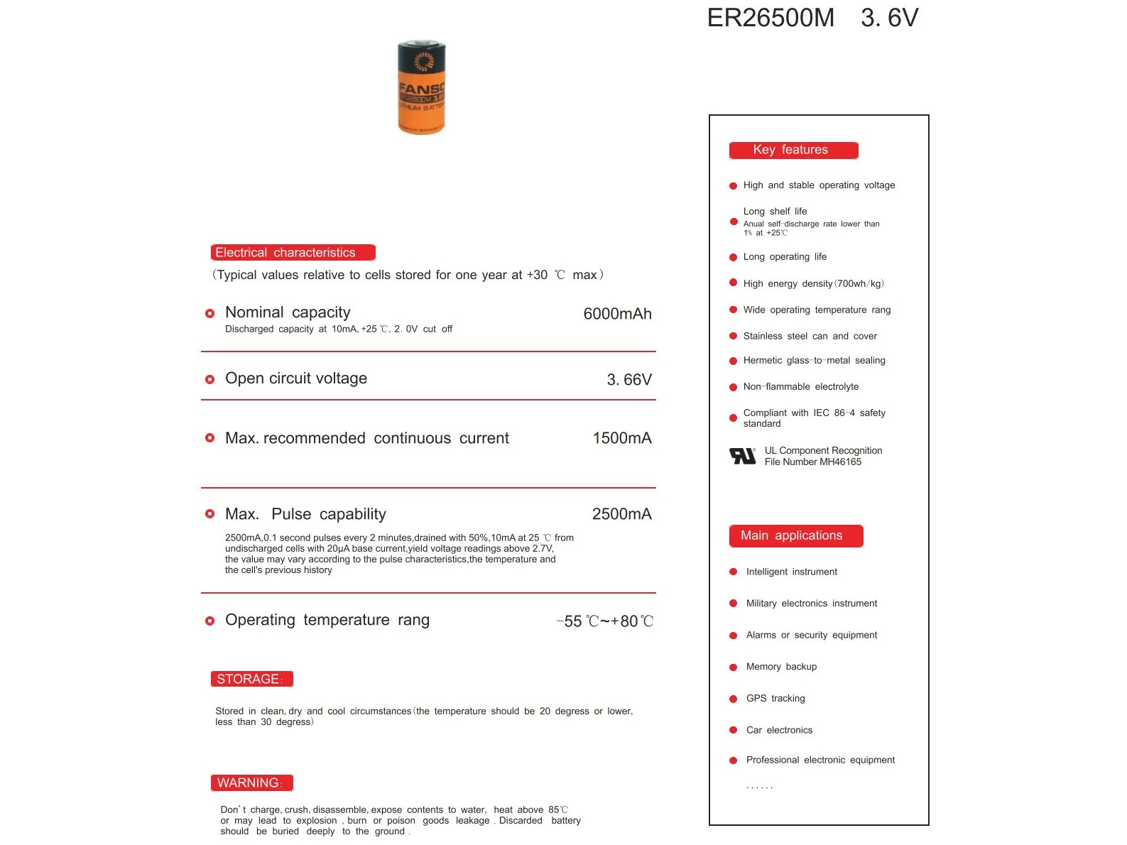 Batterie au lithium C-r14 3,6v 6000mah 26x50mm Er26500m Fanso Er26500/fanso